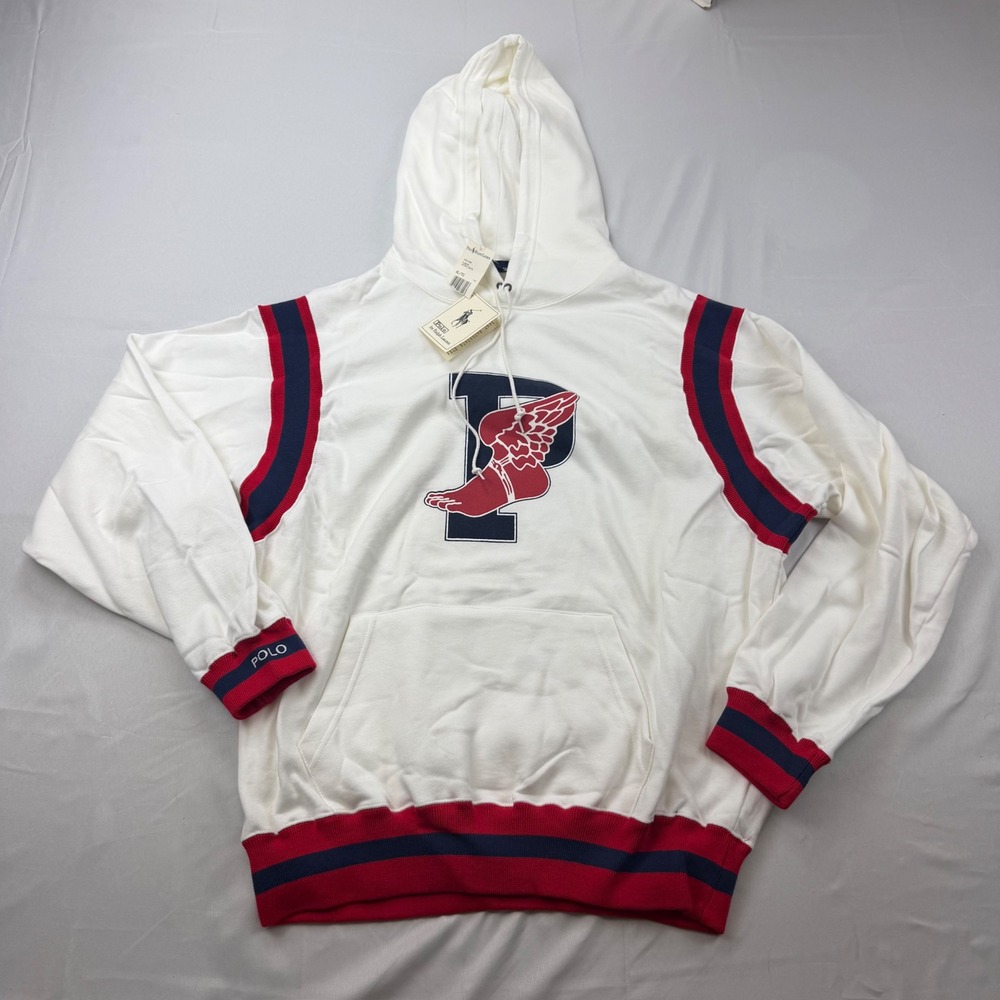 Polo Ralph Lauren Hoodie Mens XL White P-Wing Fleece Pullover Striped Trim